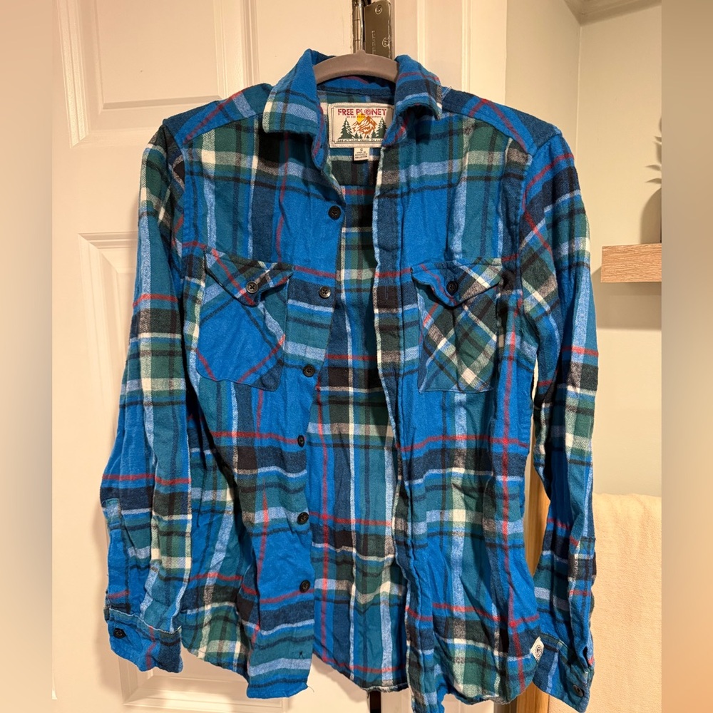Free Planet Blue and Green Plaid Shirt